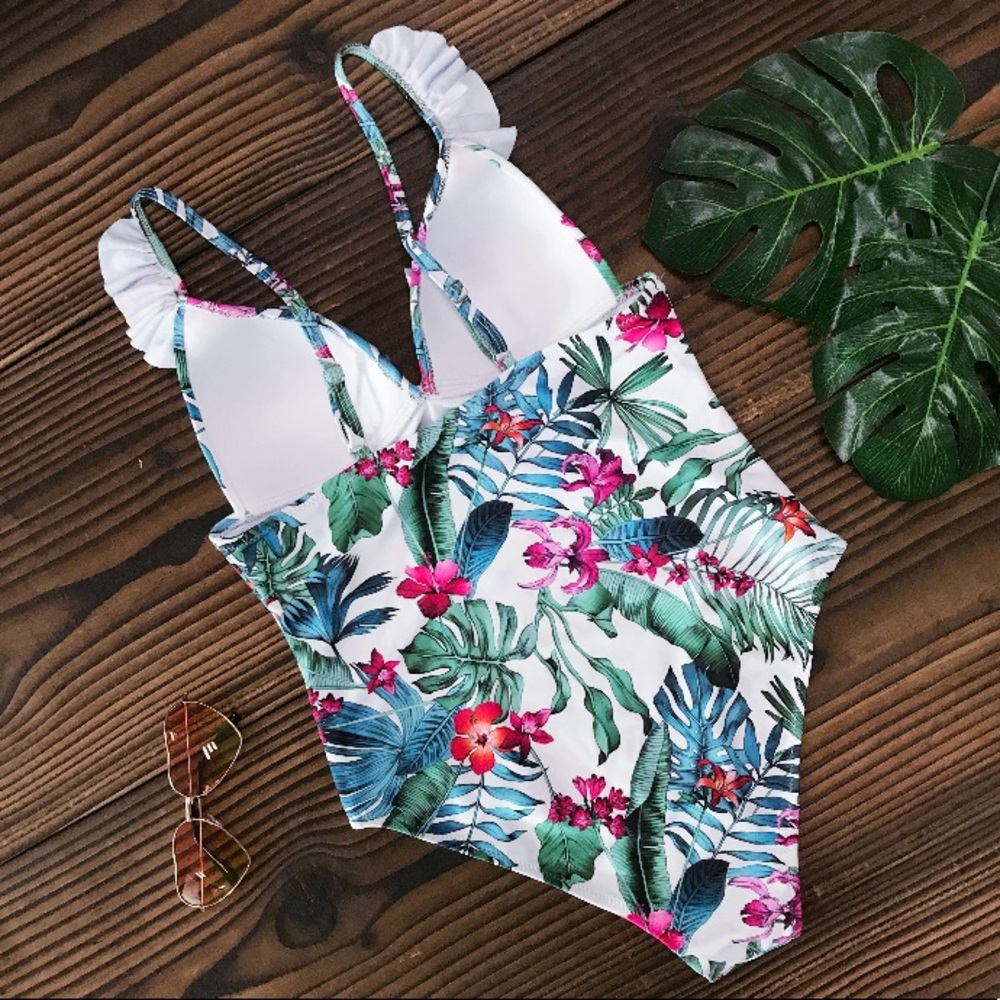 CLEARANCE Tropical Floral Palm Ruffle 1Pc Swimsuit - Picture 3 of 3
